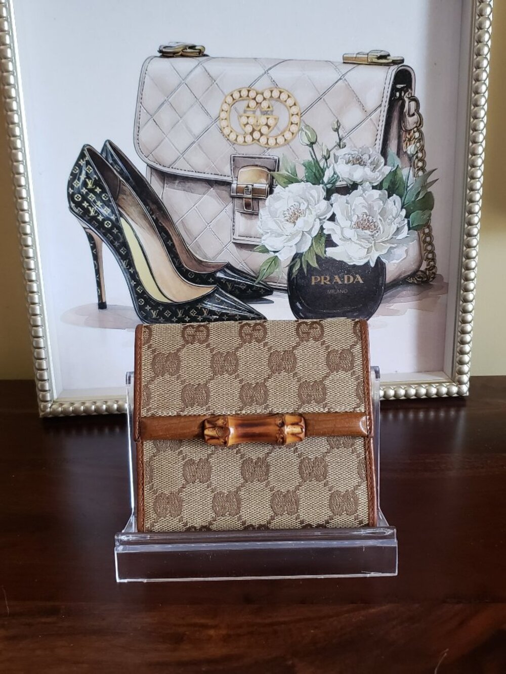 Gucci Brown Monogram Wallet with Bamboo Accent at closure CLEAN
